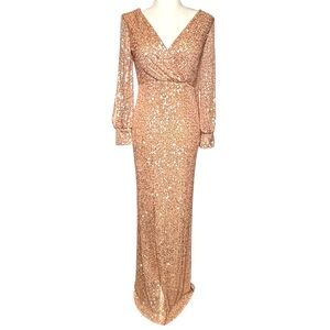 Rose Gold Sequin Maxi Dress Long Sleeve V-Neck Formal Gown Small 4-6